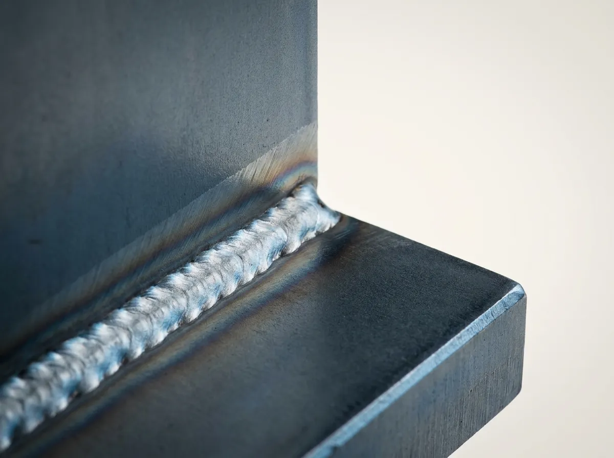 A macro view of a TIG-welded fillet joint on a steel bracket, a silver weld bead with a straw-to-blue heat tint along its edge.